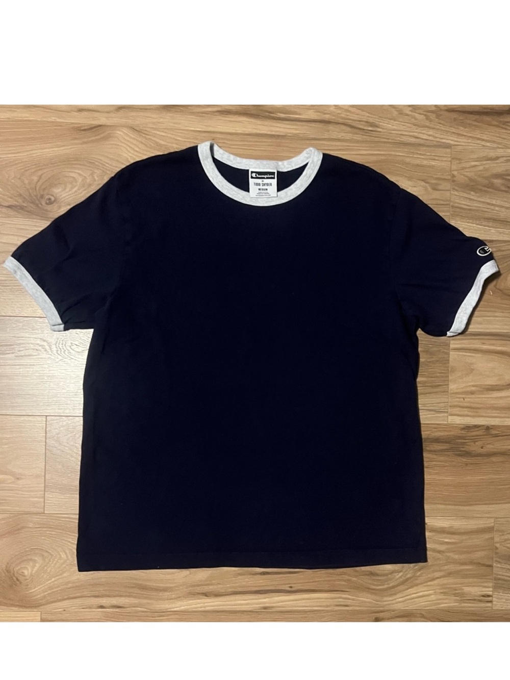 Todd Snyder x Champion Navy Ringer Tee with Light Gray Trim